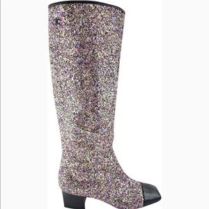 Chanel multicolor glitter black patent boots